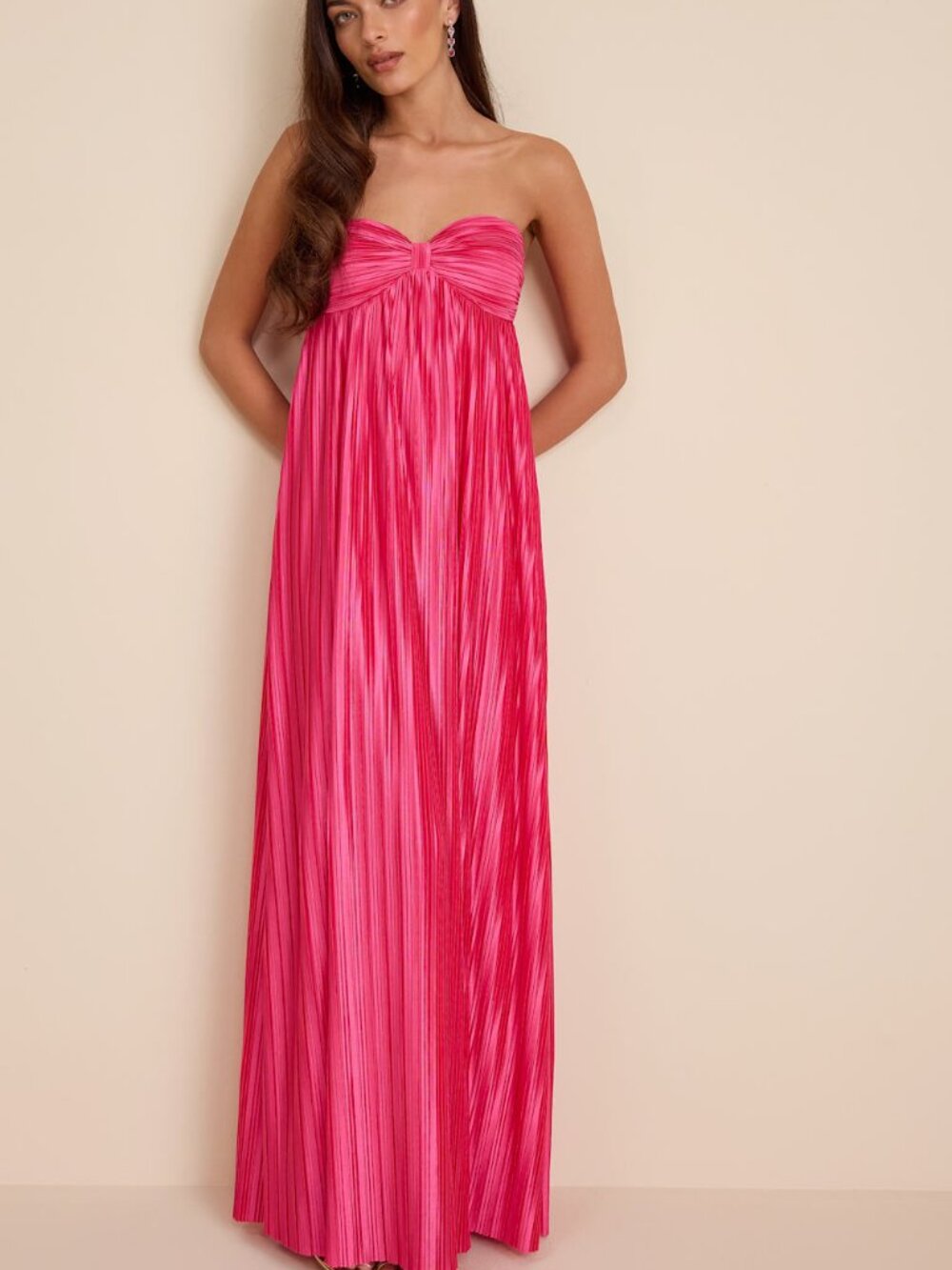 Lulus Whimsical Beauty Hot Pink Satin Plisse Strapless Maxi Dress L